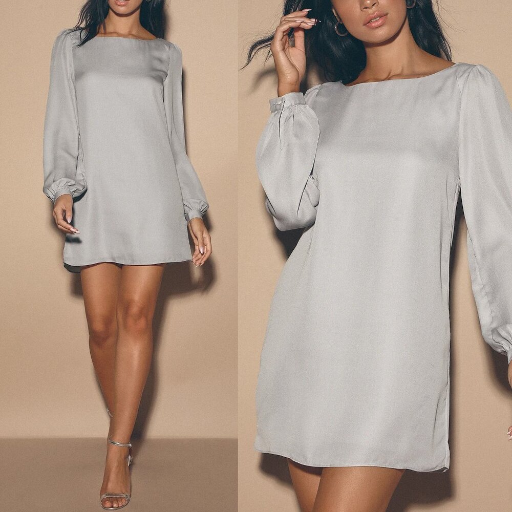 Lulus NWT Status Update Wedding Romantic Fairycore Gray Shift Mini Dress Medium